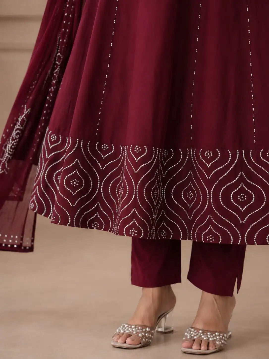 Women’s Maroon Embroidered Kurta Pant Set with Dupatta