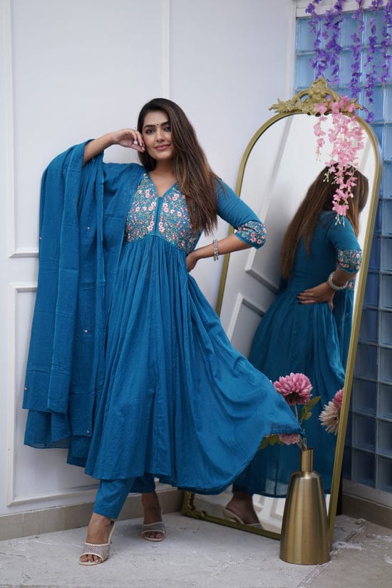 Beautiful Embroidery and Sequence Work Set For Women (Blue)