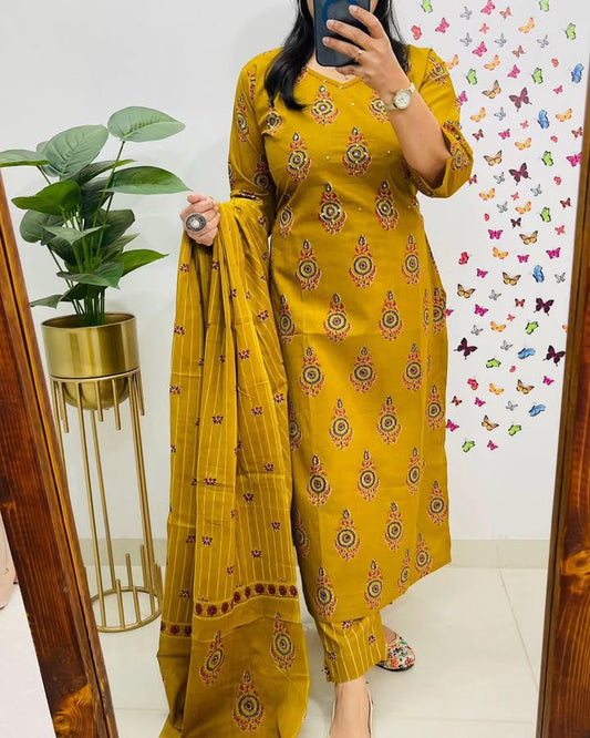 Yellow Kalamkari Fusion Azrak Bagru Print Kurti Pant and Dupatta Set