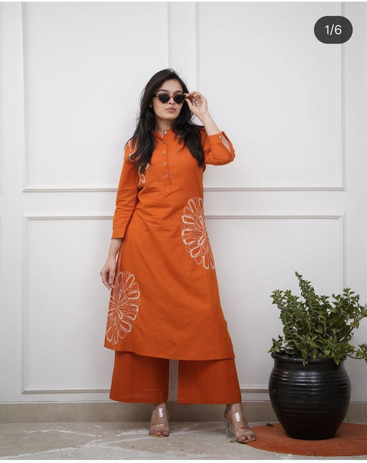 Orange Pure Cotton Kurta Pant Set with Embroidery Work