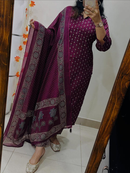 Women's Maroon Pure Cotton Kurti Pant & Dupatta Set
