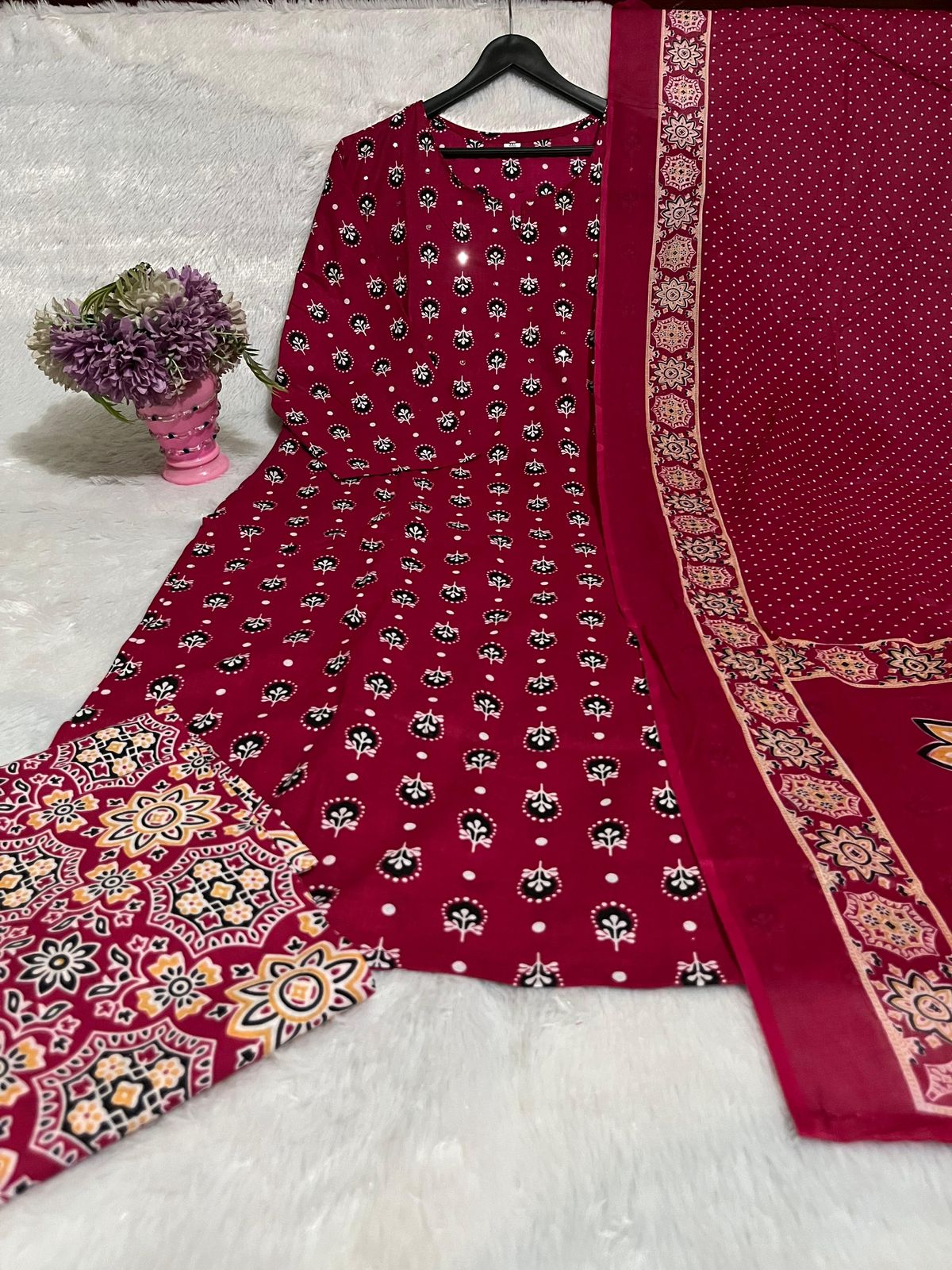 Women's Red Pure Cotton Kurti Pant & Dupatta