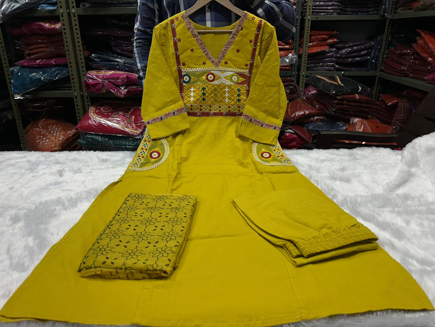 Embroidered Yoke Cotton Kurti Pant & Printed Dupatta Set – Mustard Yellow