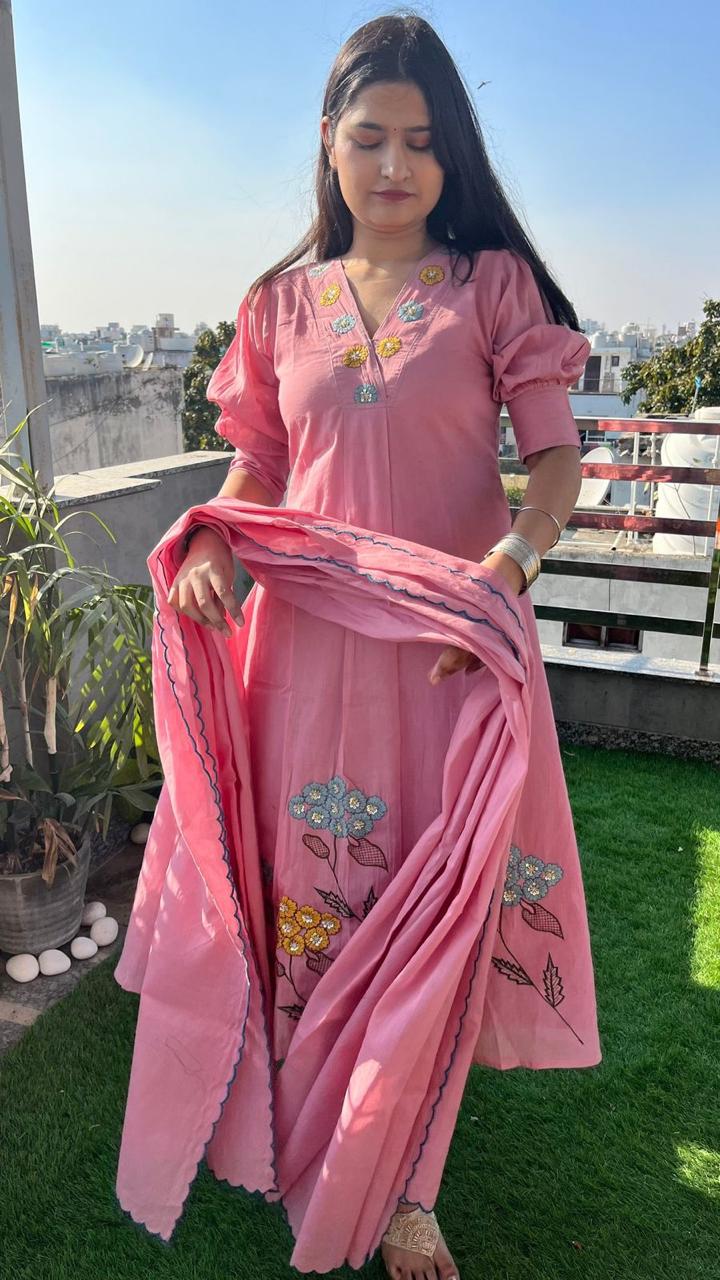 Rose Bloom Embroidered Kurta Set with Dupatta