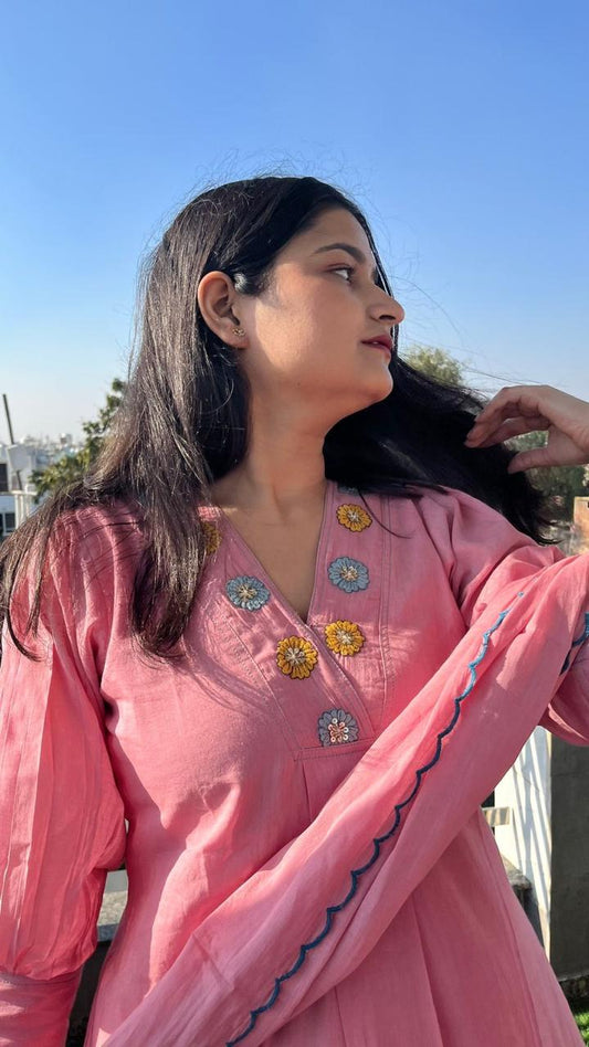Rose Bloom Embroidered Kurta Set with Dupatta