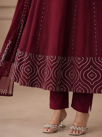 Women’s Maroon Embroidered Kurta Pant Set with Dupatta