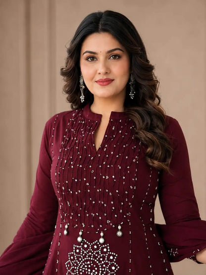 Women’s Maroon Embroidered Kurta Pant Set with Dupatta
