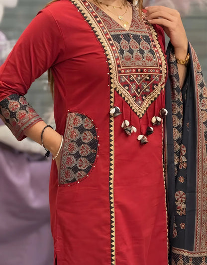 Maroon Mirza Cotton Ajrakh Patch Work Kurta Set