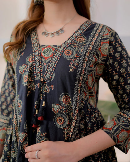 Midnight Ajrakh Premium Cotton A Line Suit
