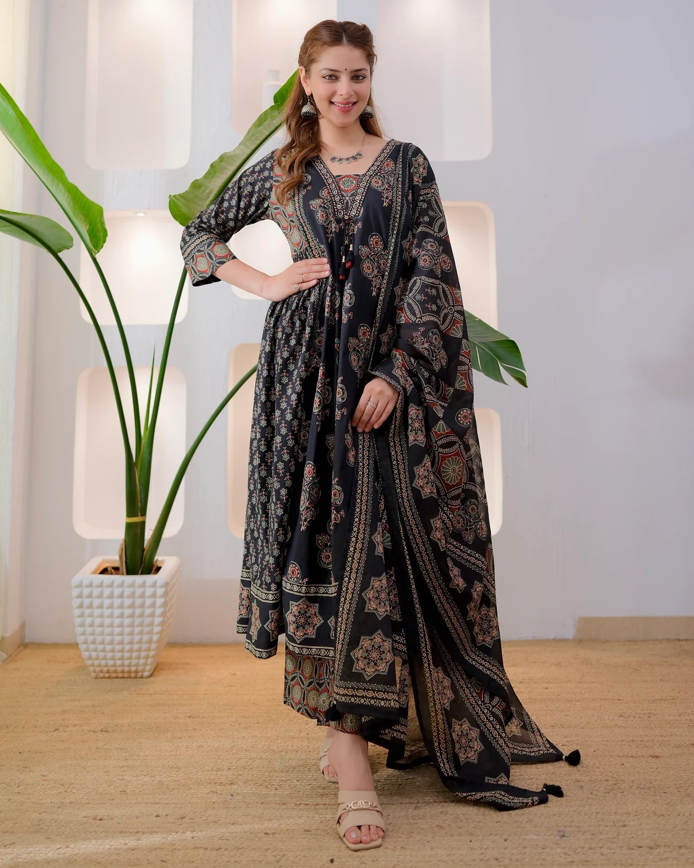 Midnight Ajrakh Premium Cotton A Line Suit