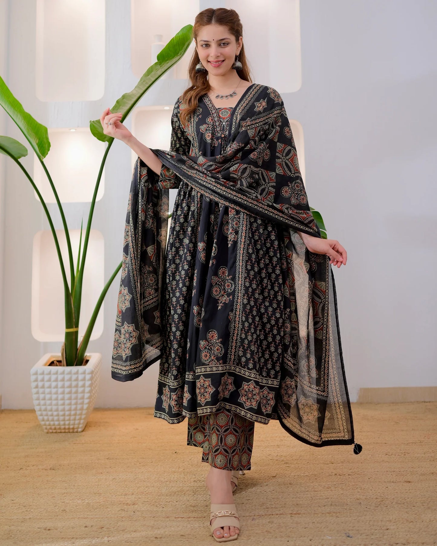 Midnight Ajrakh Premium Cotton A Line Suit