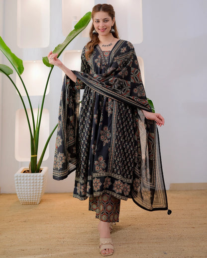 Midnight Ajrakh Premium Cotton A Line Suit