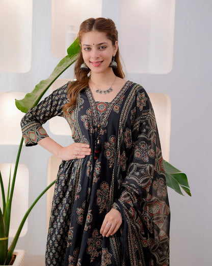 Midnight Ajrakh Premium Cotton A Line Suit