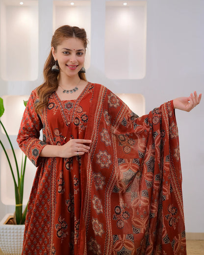 Terracotta Ajrakh Premium Cotton A Line Suit
