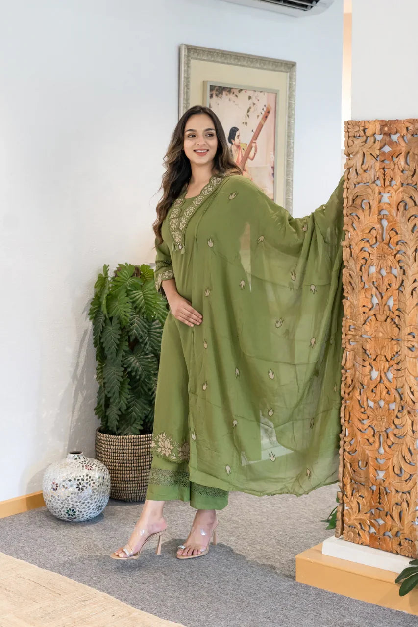 Green Gazal Premium Cotton Embroidered Kurta Pant Set