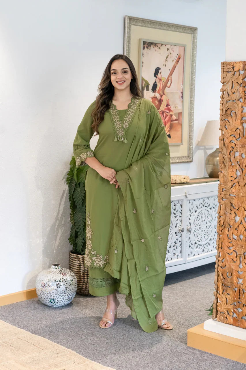 Green Gazal Premium Cotton Embroidered Kurta Pant Set