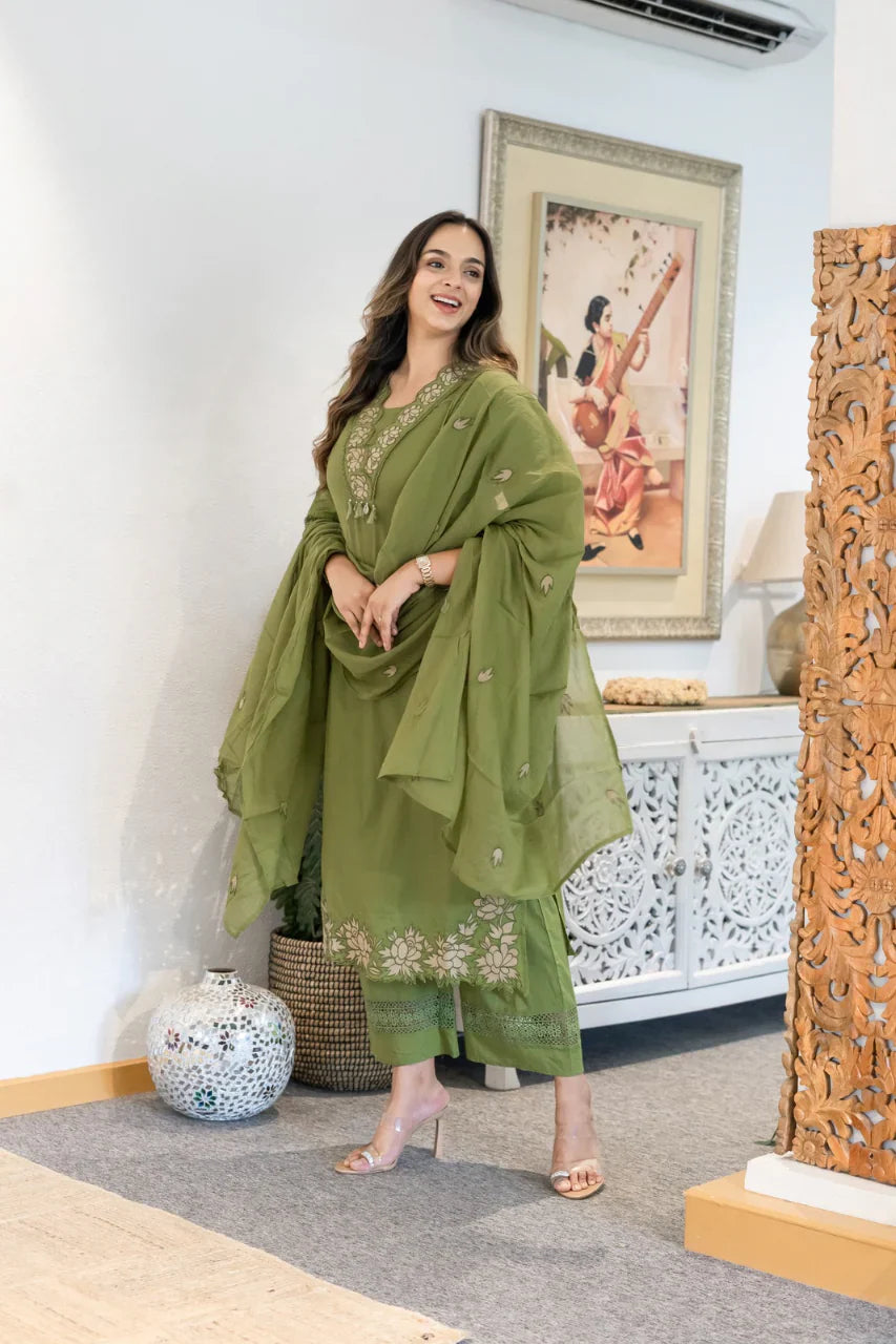 Green Gazal Premium Cotton Embroidered Kurta Pant Set