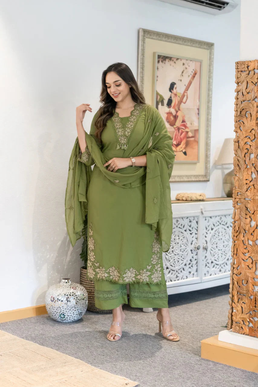 Green Gazal Premium Cotton Embroidered Kurta Pant Set