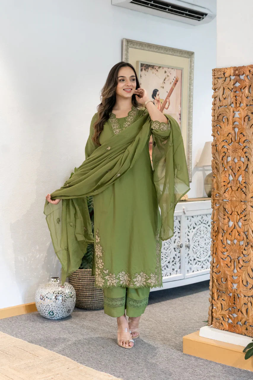 Green Gazal Premium Cotton Embroidered Kurta Pant Set
