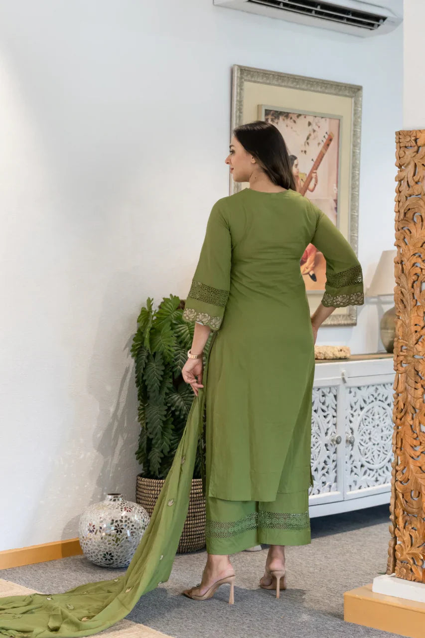 Green Gazal Premium Cotton Embroidered Kurta Pant Set