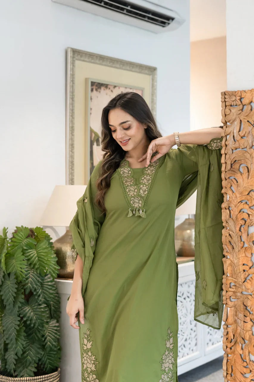 Green Gazal Premium Cotton Embroidered Kurta Pant Set
