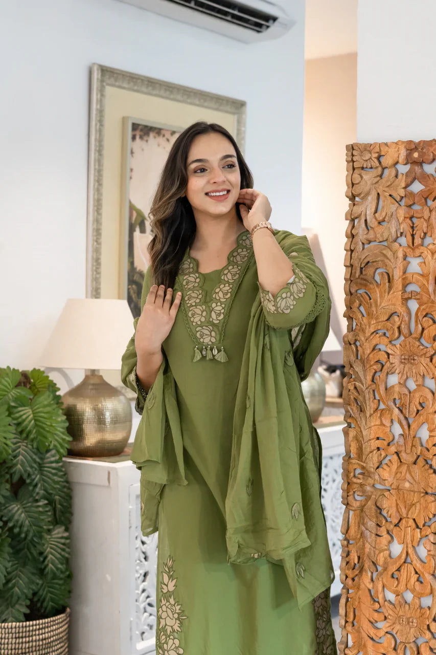 Green Gazal Premium Cotton Embroidered Kurta Pant Set