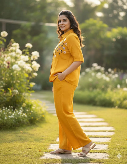 Yellow Floral Embroidered Co-ord Set