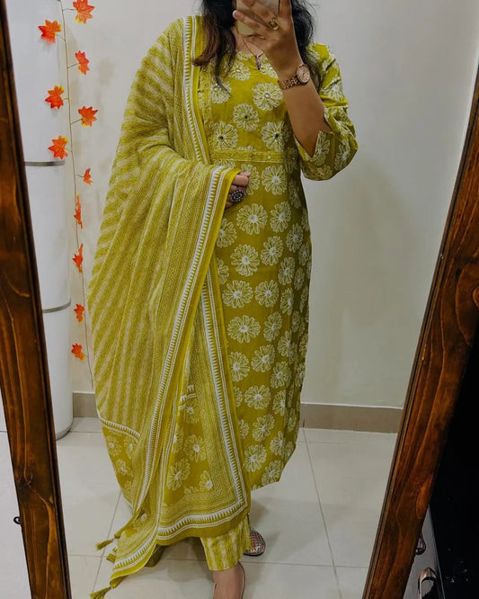 Mustard Yellow Floral Cotton Suit Set with Printed Dupatta