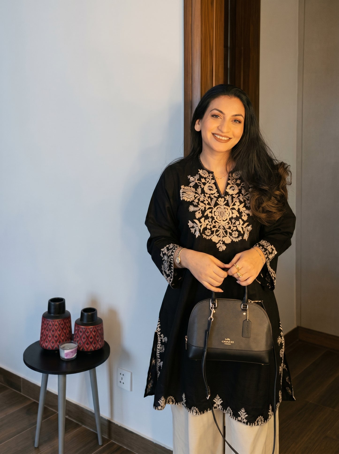 Embroidery Black Cotton Kurta Set with Palazzo Pants