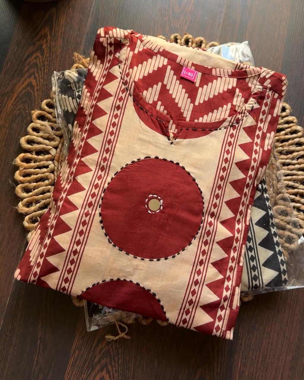 Beige & Red Geometric Print Kurta Set with Coordinated Dupatta