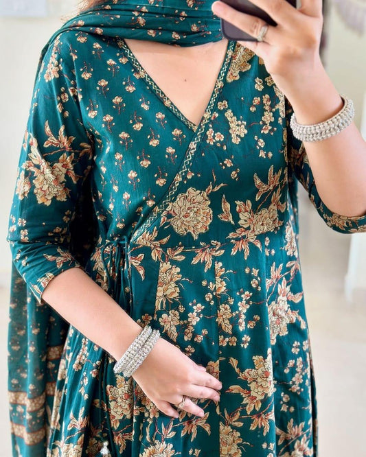 Anarkali Kurta Set With Angrakha Style For Women (Green)