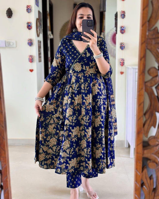 Anarkali Kurta Set With Angrakha Style For Women (Blue)