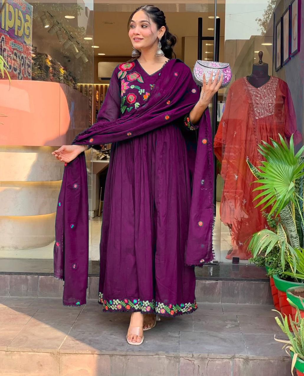 Pruple Cotton Printed Kurta Pant Dupatta Set