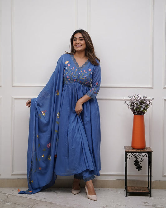 Beautiful Embroidery and Sequence Work Set For Women (Blue)