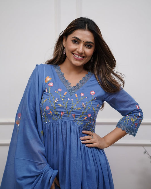 Beautiful Embroidery and Sequence Work Set For Women (Blue)
