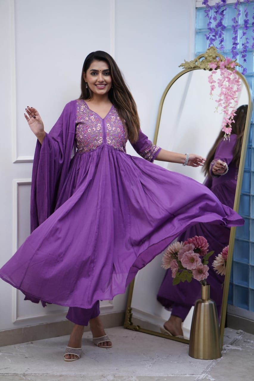 Beautiful Embroidery and Sequence Work Set For Women (Pruple)