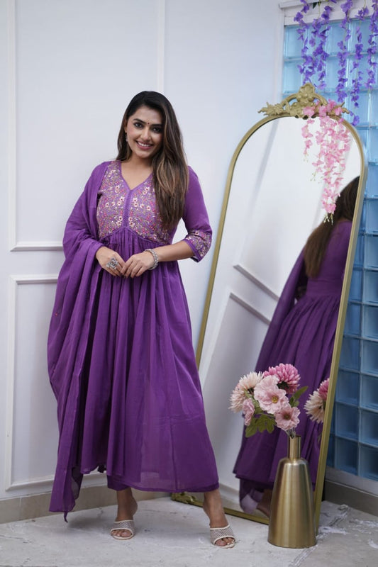 Beautiful Embroidery and Sequence Work Set For Women (Pruple)