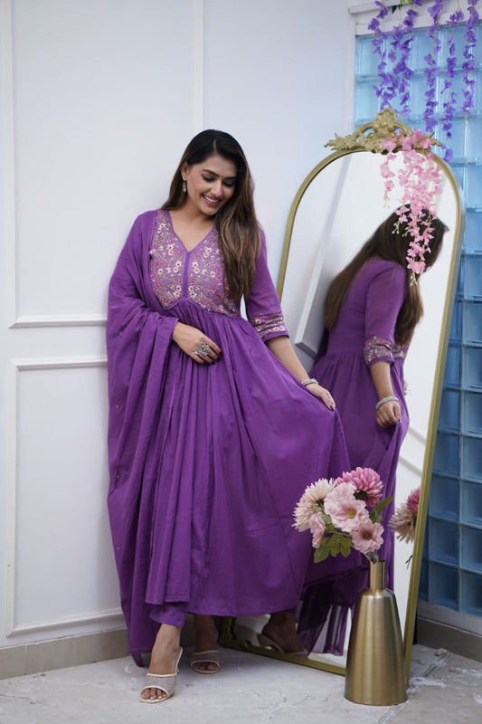 Beautiful Embroidery and Sequence Work Set For Women (Pruple)