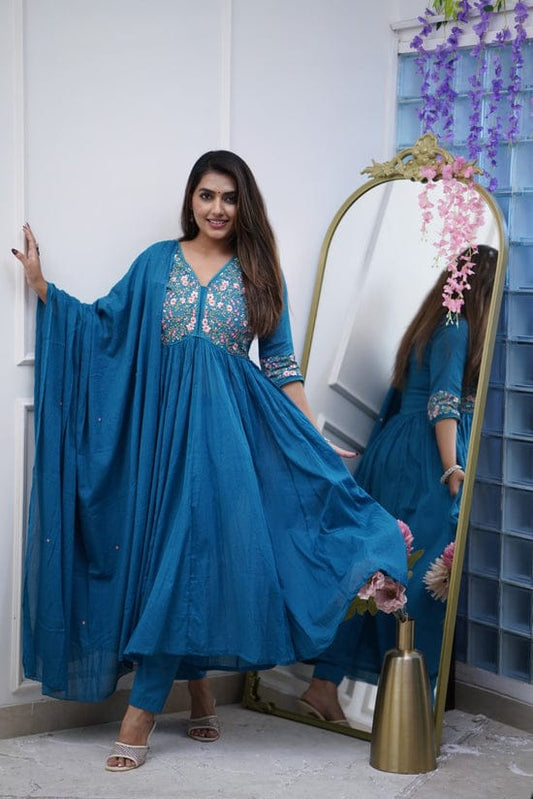 Beautiful Embroidery and Sequence Work Set For Women (Blue)