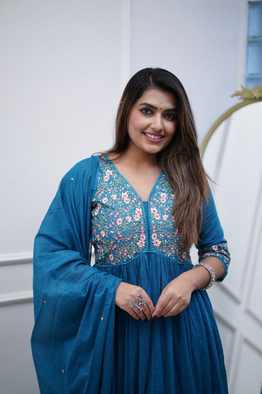 Beautiful Embroidery and Sequence Work Set For Women (Blue)