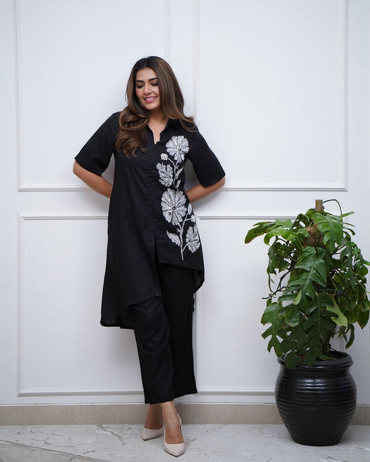Black Pure Cotton Flared Women Suit