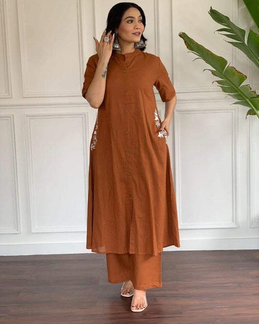 Rust Cotton A-Line Kurti With Pallazo Set For Women