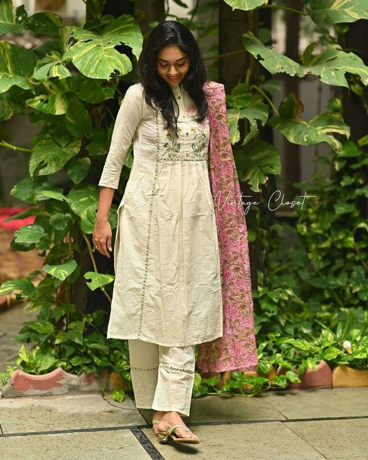 Off-White Dobby Cotton Dress with Floral Embroidery and Crochet Lace Work