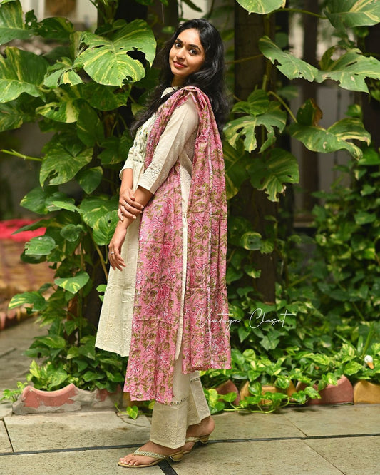 Off-White Dobby Cotton Dress with Floral Embroidery and Crochet Lace Work