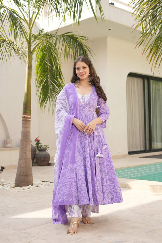 Purple Cotton Suit Set with Dupatta
