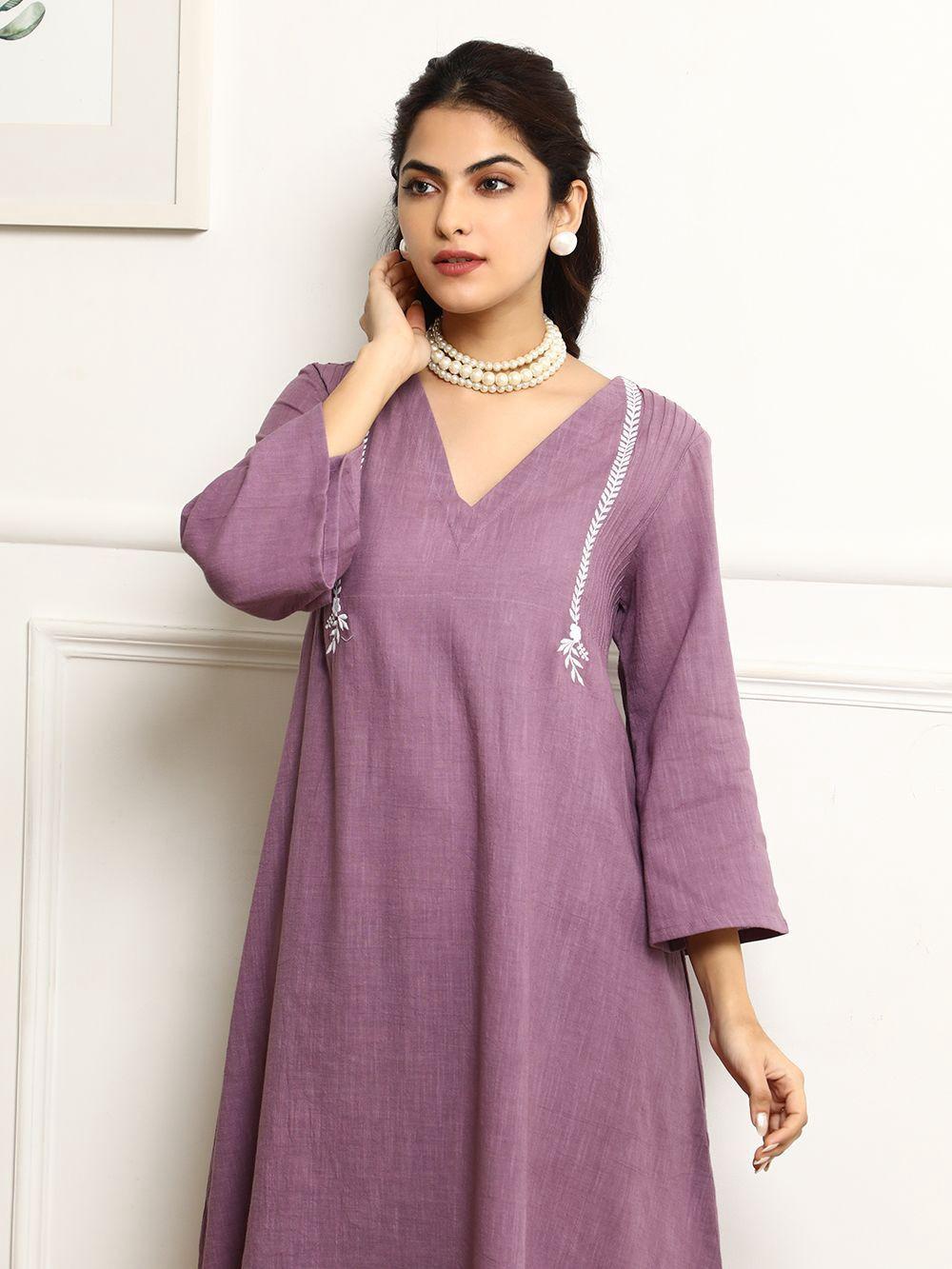 Purple Printed Kurta Pant Set with Mulmul Dupatta