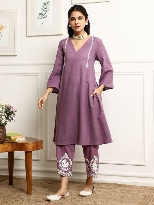 Purple Printed Kurta Pant Set with Mulmul Dupatta
