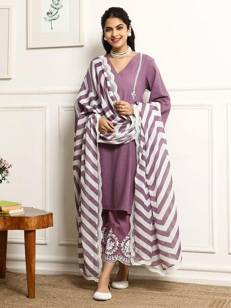 Purple Printed Kurta Pant Set with Mulmul Dupatta