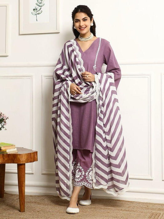 Purple Printed Kurta Pant Set with Mulmul Dupatta