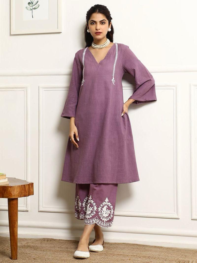 Purple Printed Kurta Pant Set with Mulmul Dupatta